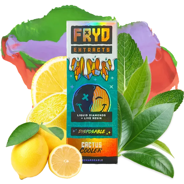 Fryd Extracts Cactus Cooler vape box displayed with lemons, mint leaves, and a colorful paint splash background.