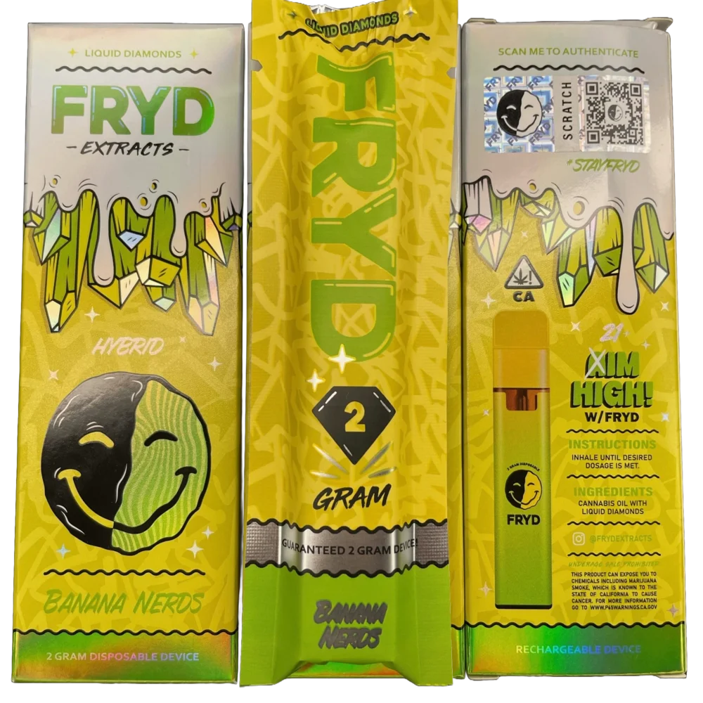 Banana Nerds Cannabis Vape – Yellow Holographic Packaging with a Hybrid Flavor