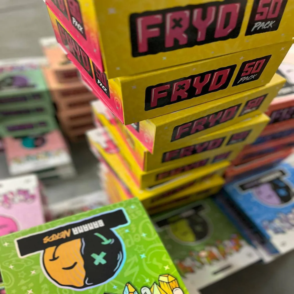 Stack of Fryd 50 Pack Disposable Vape Boxes