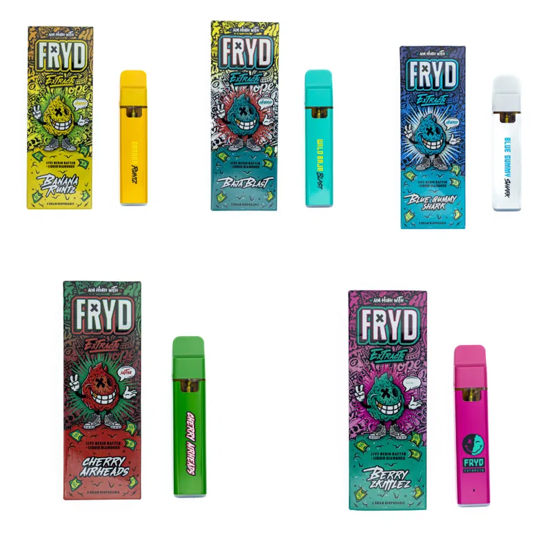 FRYD Extracts Vape Collage featuring Banana Runtz, Baja Blast, Blue Gummy Shark, Cherry Airheads, and Berry Zkittlez flavors